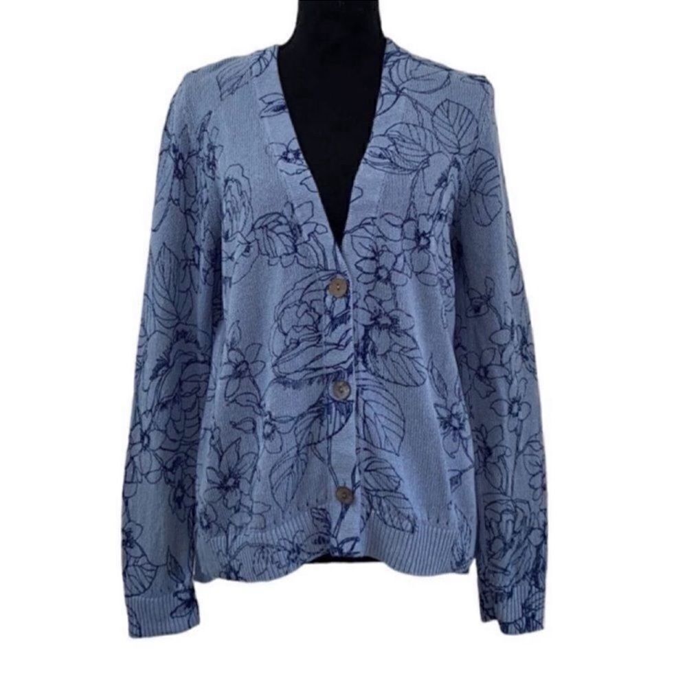 Chico's Linen Blend Blue Floral Print Cardigan (Size 1)